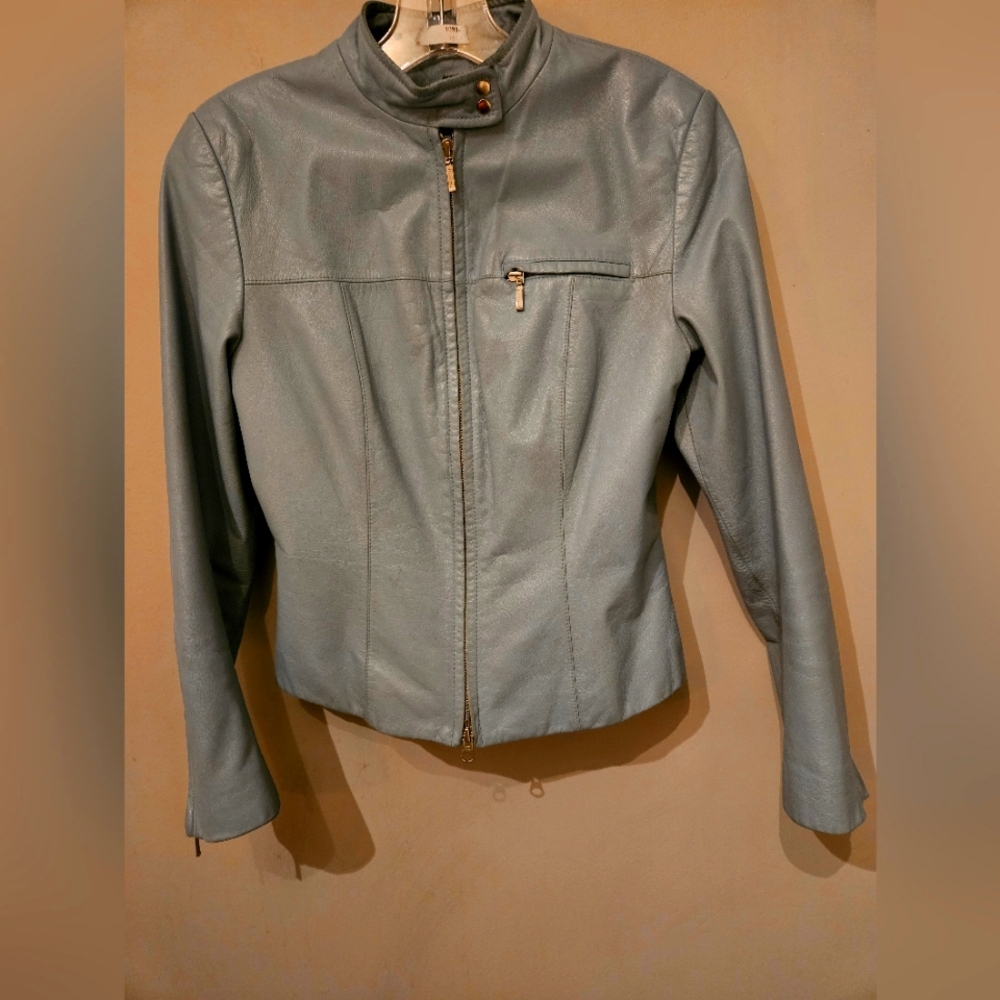 DANIER Light Blue Leather Jacket Y2K VINTAGE